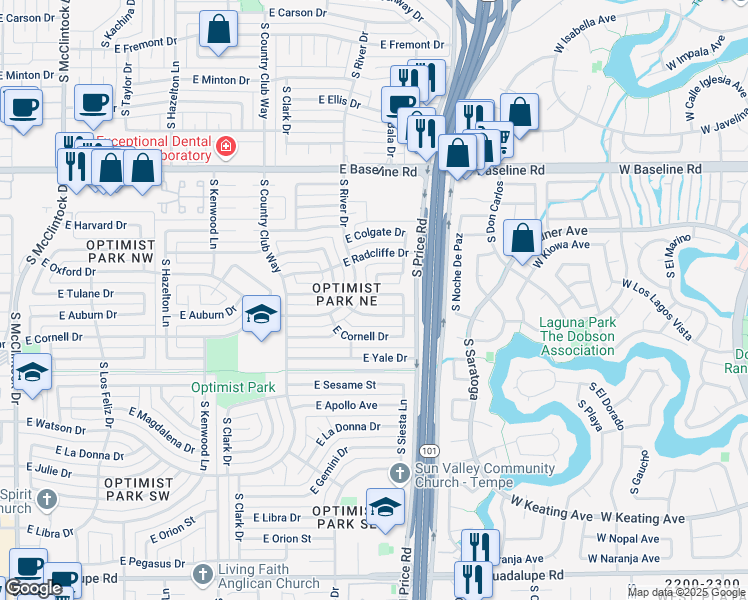 map of restaurants, bars, coffee shops, grocery stores, and more near 2138 East Oxford Drive in Tempe