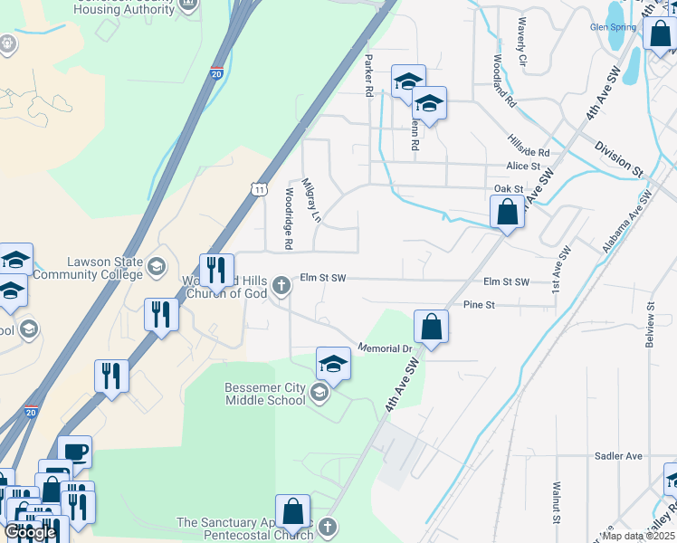 map of restaurants, bars, coffee shops, grocery stores, and more near 640 Elm Street Southwest in Bessemer