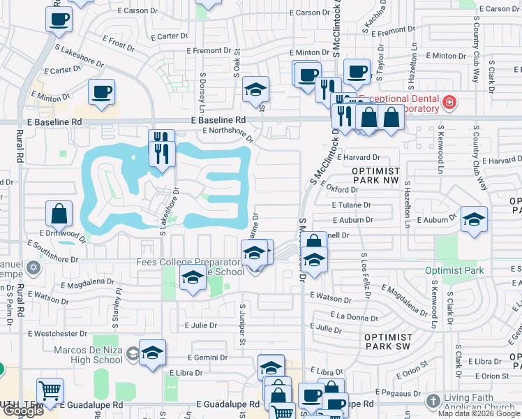 map of restaurants, bars, coffee shops, grocery stores, and more near 1518 East Candlestick Drive in Tempe