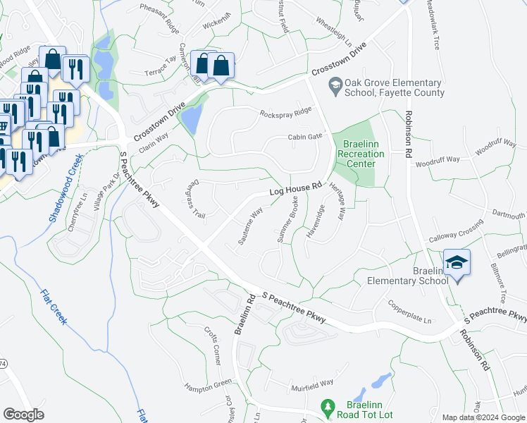map of restaurants, bars, coffee shops, grocery stores, and more near 119 Sauterne Way in Peachtree City