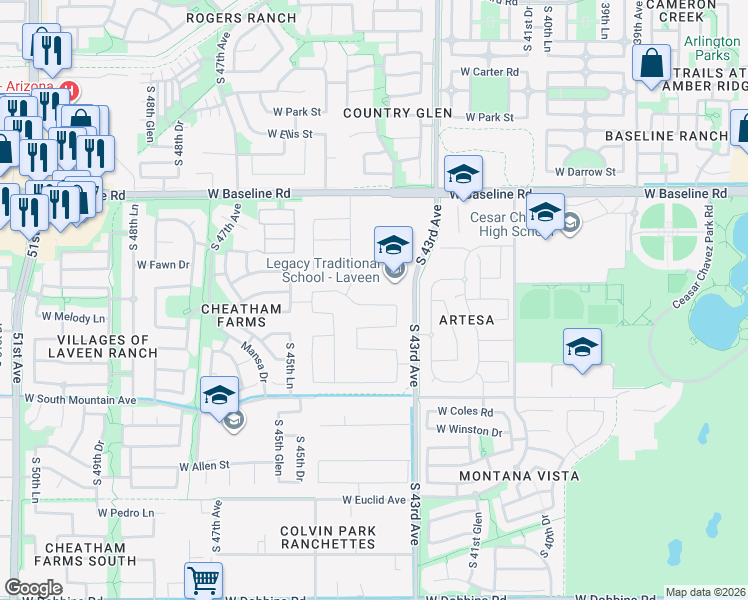 map of restaurants, bars, coffee shops, grocery stores, and more near 7900 South 43rd Avenue in Phoenix