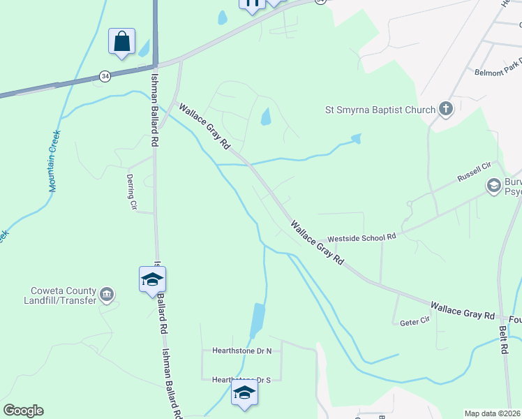 map of restaurants, bars, coffee shops, grocery stores, and more near Wallace Gray Court in Newnan