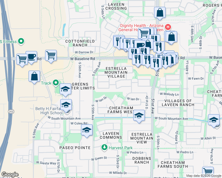 map of restaurants, bars, coffee shops, grocery stores, and more near 8013 South 54th Avenue in Phoenix