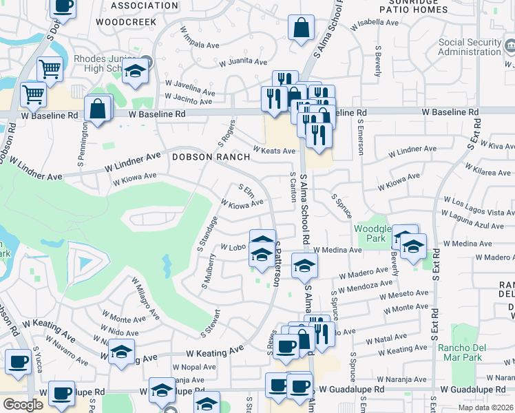 map of restaurants, bars, coffee shops, grocery stores, and more near 1326 West Los Lagos Vista in Mesa
