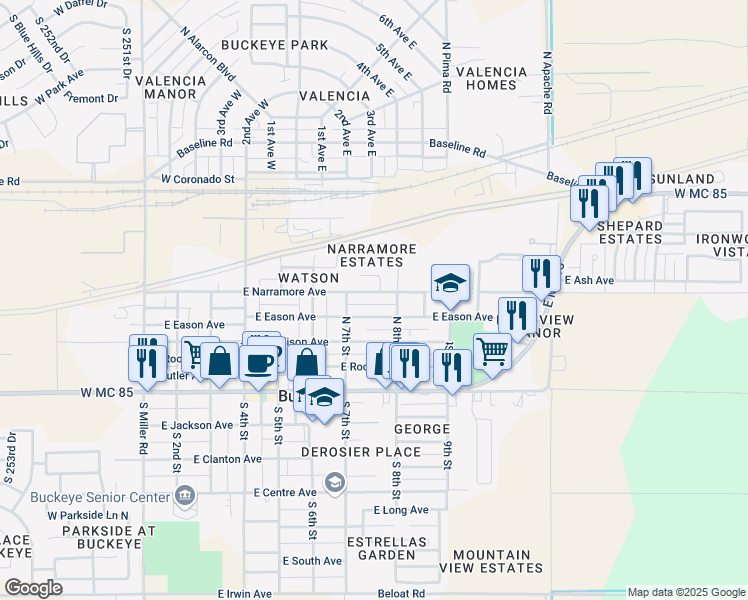 map of restaurants, bars, coffee shops, grocery stores, and more near 712 East Eason Avenue in Buckeye