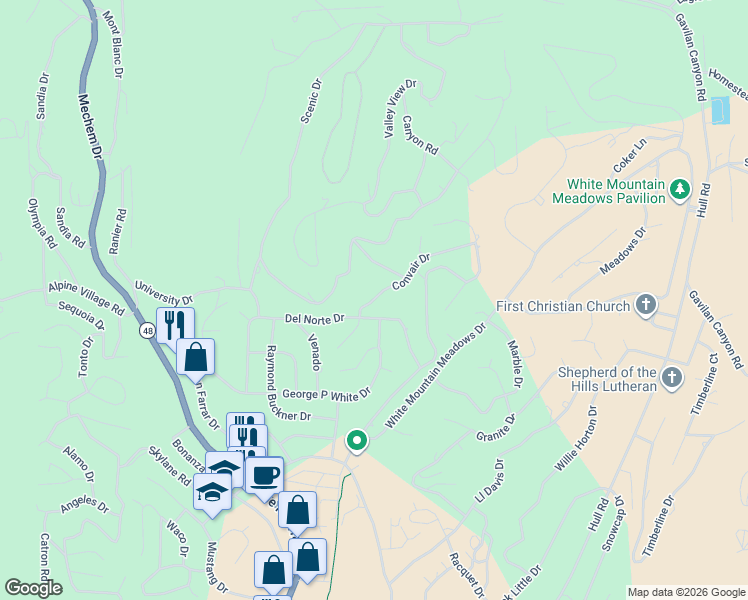 map of restaurants, bars, coffee shops, grocery stores, and more near 114 Convair Drive in Ruidoso