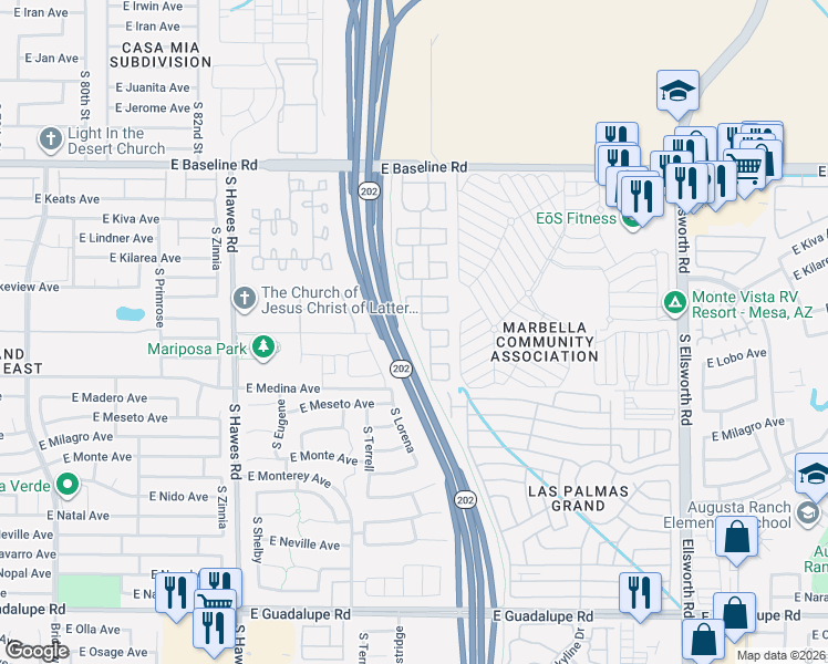 map of restaurants, bars, coffee shops, grocery stores, and more near 2266 South Barrington in Mesa