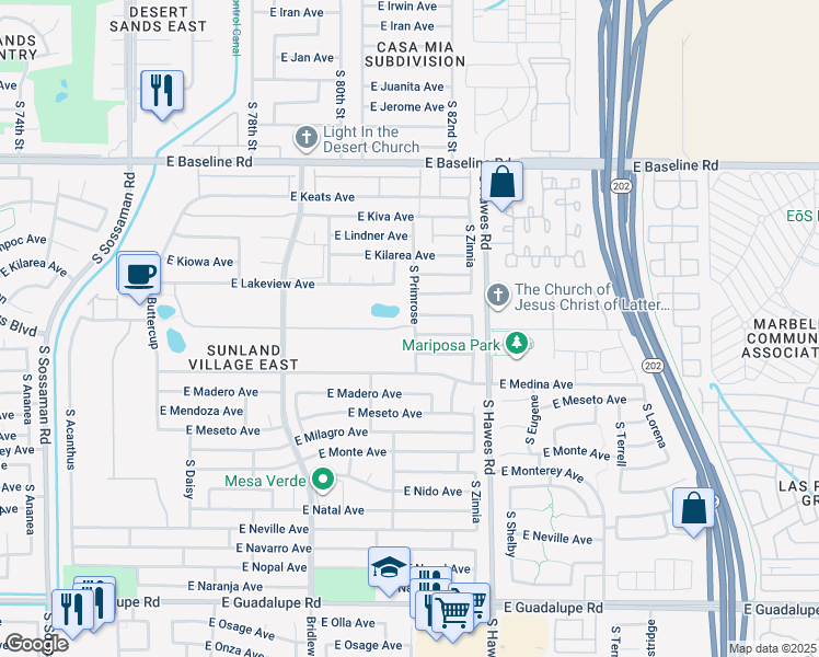 map of restaurants, bars, coffee shops, grocery stores, and more near 2316 South Primrose in Mesa