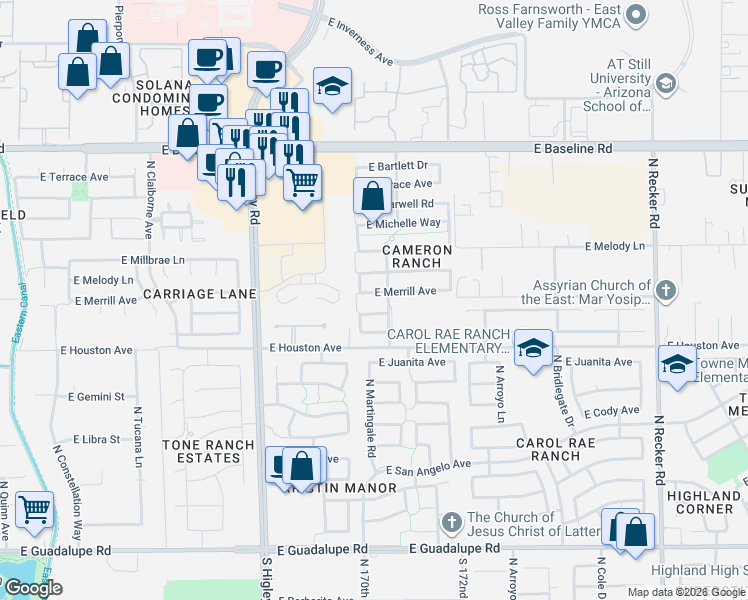 map of restaurants, bars, coffee shops, grocery stores, and more near 3450 East Desert Lane in Gilbert