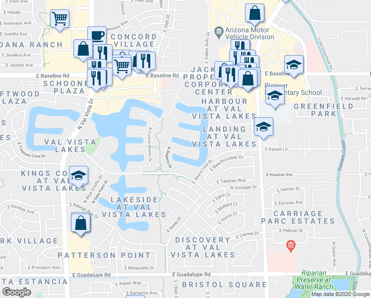map of restaurants, bars, coffee shops, grocery stores, and more near 2111 East Gondola Lane in Gilbert