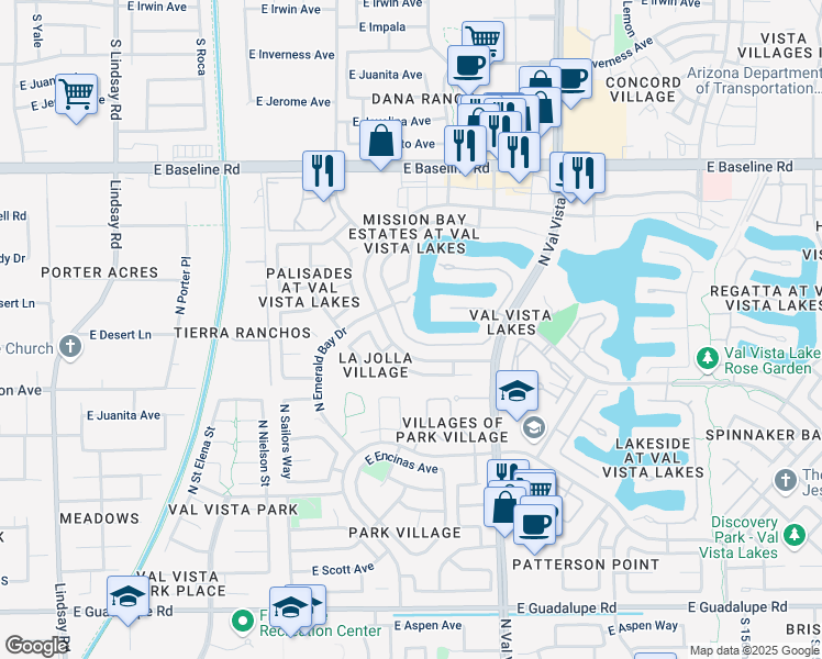 map of restaurants, bars, coffee shops, grocery stores, and more near 1312 East Treasure Cove Drive in Gilbert