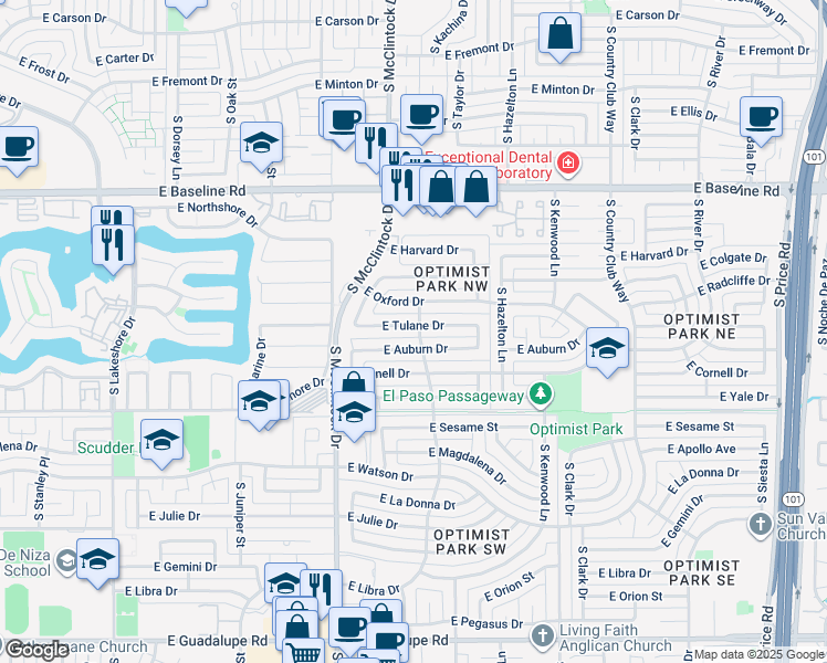 map of restaurants, bars, coffee shops, grocery stores, and more near 1840 East Auburn Drive in Tempe