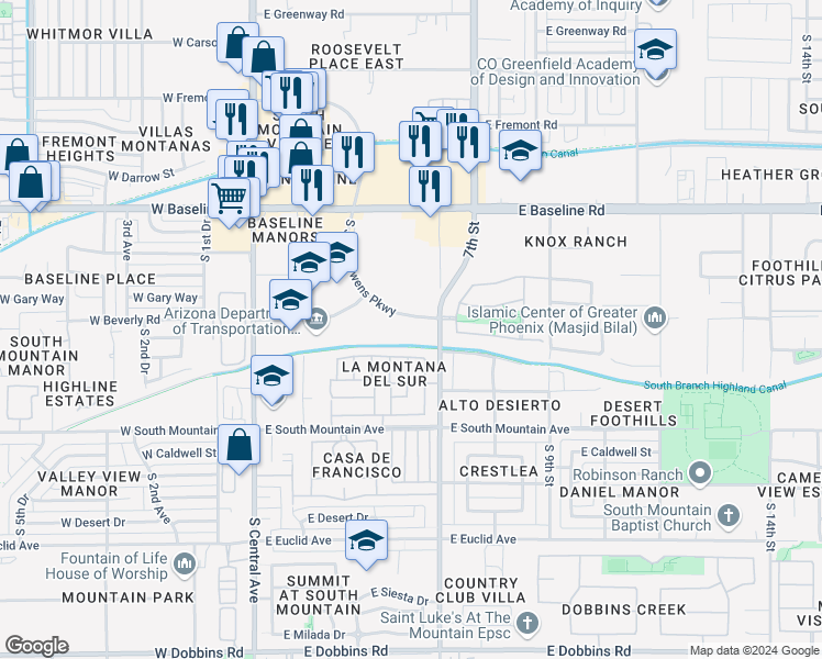 map of restaurants, bars, coffee shops, grocery stores, and more near 8028 South Jesse Owens Parkway in Phoenix