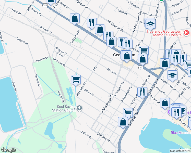 map of restaurants, bars, coffee shops, grocery stores, and more near 1921A Winyah Street in Georgetown