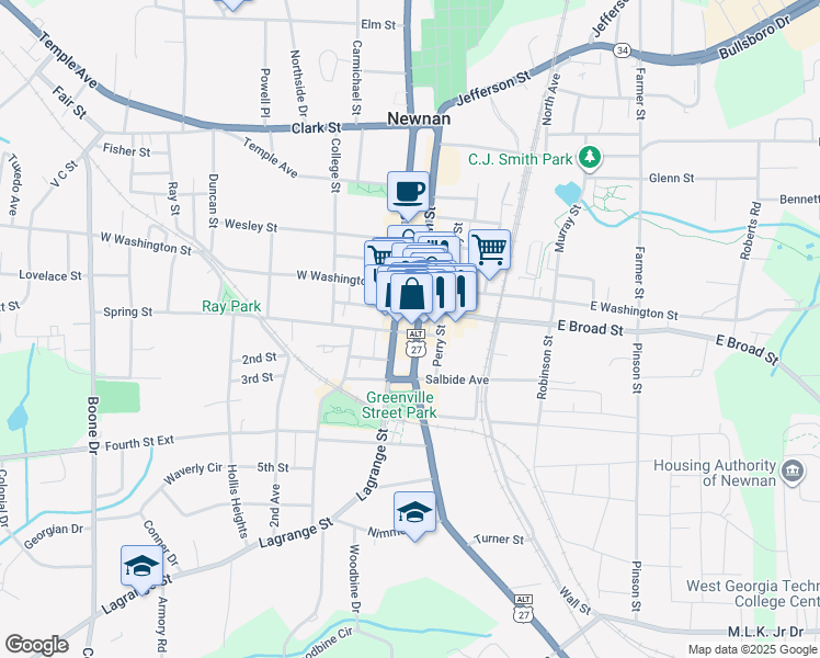 map of restaurants, bars, coffee shops, grocery stores, and more near 18 Jefferson Street in Newnan