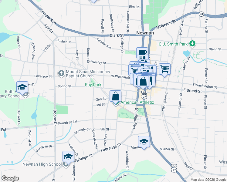map of restaurants, bars, coffee shops, grocery stores, and more near 68 Spring Street in Newnan