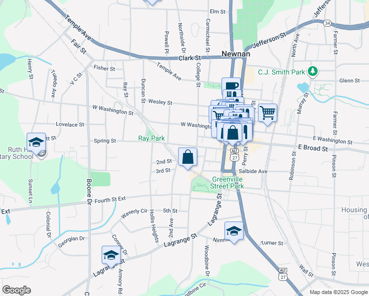 map of restaurants, bars, coffee shops, grocery stores, and more near 68 Spring Street in Newnan