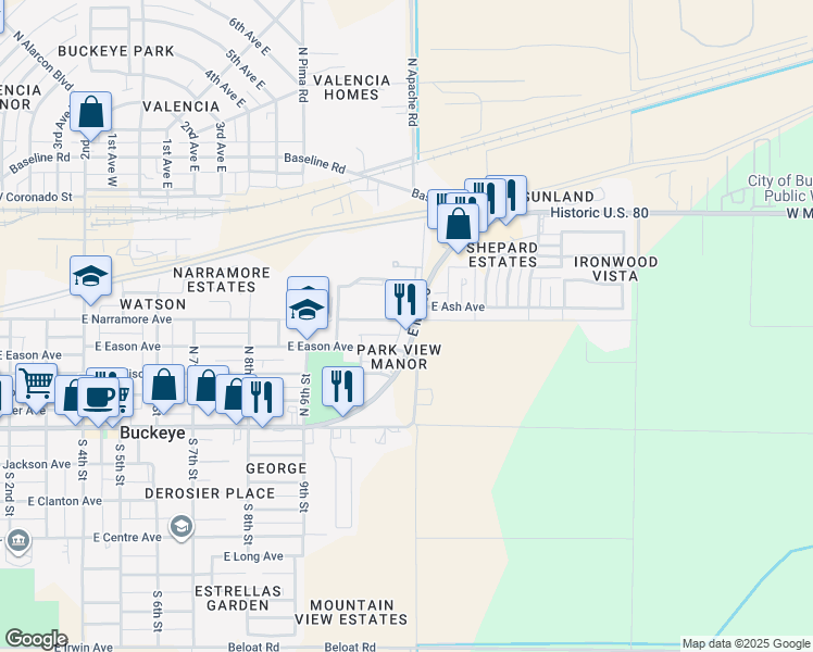 map of restaurants, bars, coffee shops, grocery stores, and more near 410 West MC 85 in Buckeye