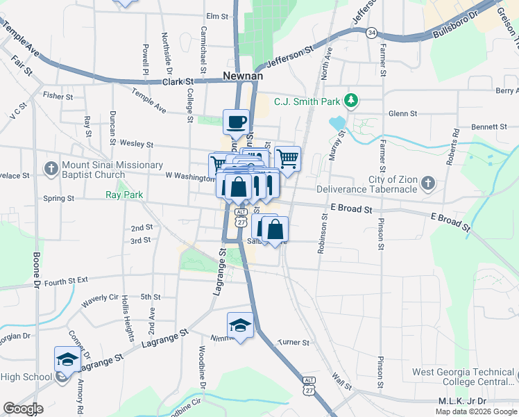 map of restaurants, bars, coffee shops, grocery stores, and more near 33 East Broad Street in Newnan