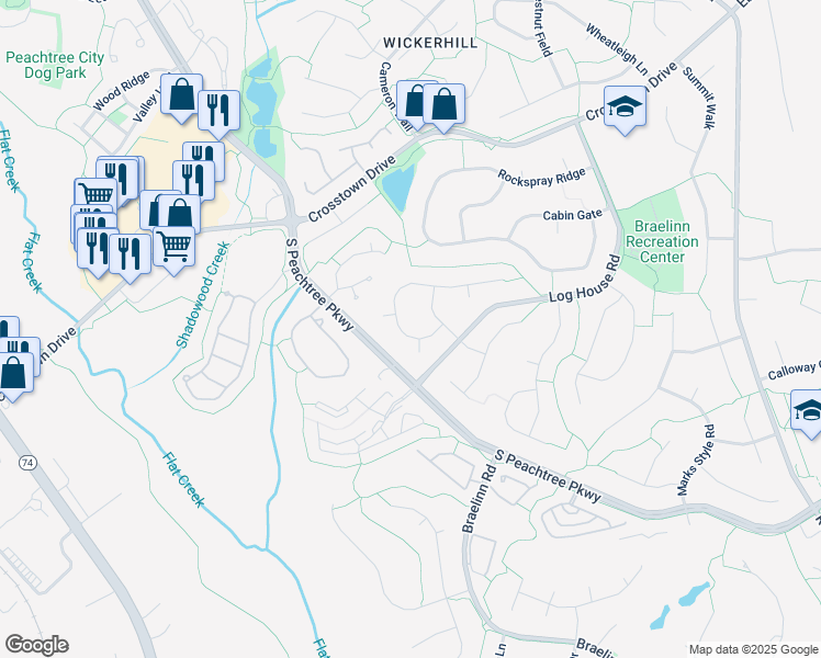 map of restaurants, bars, coffee shops, grocery stores, and more near 406 Deergrass Trail in Peachtree City