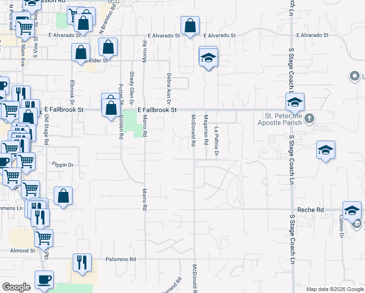 map of restaurants, bars, coffee shops, grocery stores, and more near 935 Woodcreek Road in Fallbrook