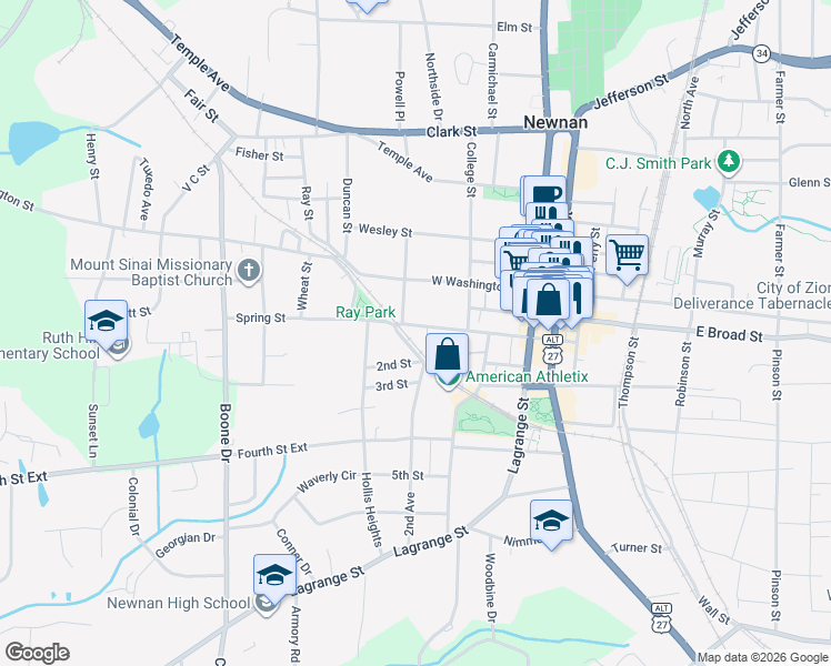 map of restaurants, bars, coffee shops, grocery stores, and more near 12 1st Street in Newnan