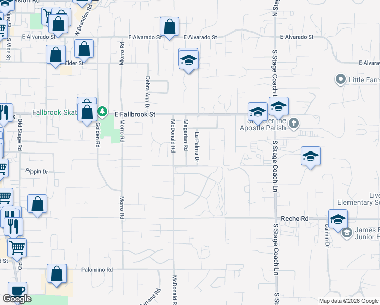 map of restaurants, bars, coffee shops, grocery stores, and more near 843 Magarian Road in Fallbrook