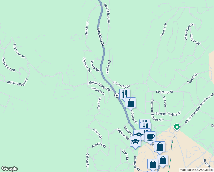 map of restaurants, bars, coffee shops, grocery stores, and more near 105 Alpine Village Road in Ruidoso
