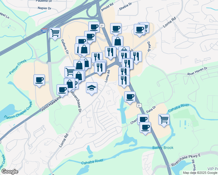map of restaurants, bars, coffee shops, grocery stores, and more near 1964 Waterford Place in Hoover