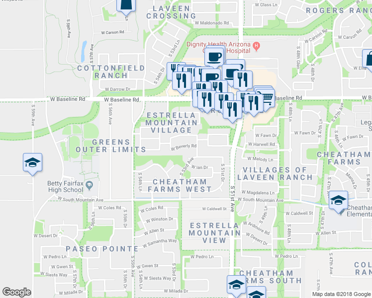 map of restaurants, bars, coffee shops, grocery stores, and more near 5307 West Beverly Road in Phoenix