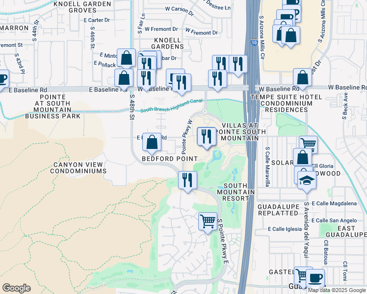 map of restaurants, bars, coffee shops, grocery stores, and more near 8075 Pointe Parkway West in Phoenix