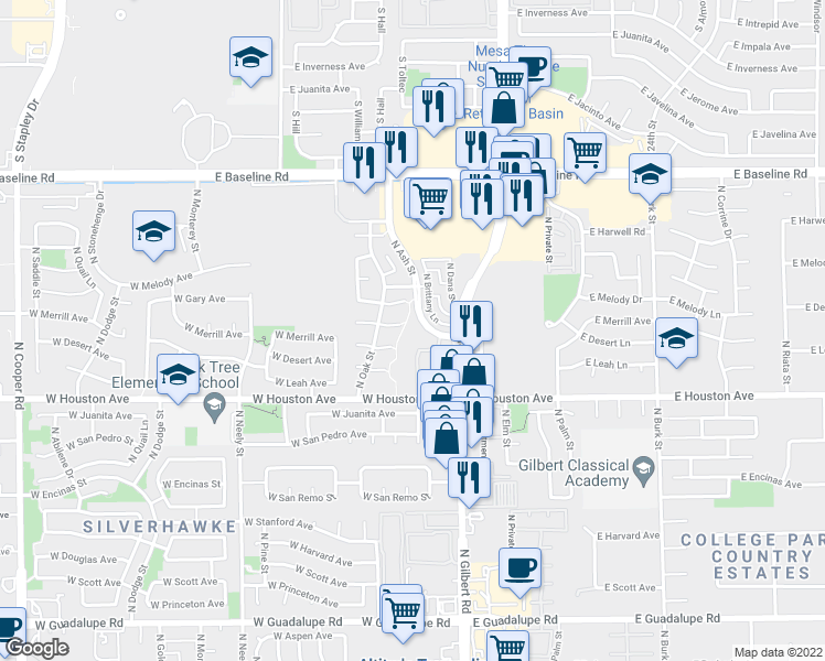 map of restaurants, bars, coffee shops, grocery stores, and more near 1295 North Ash Street in Gilbert