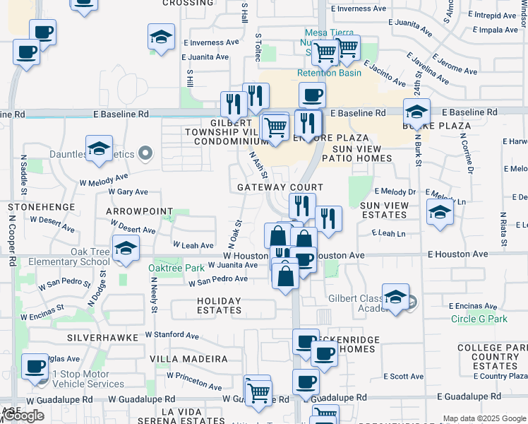 map of restaurants, bars, coffee shops, grocery stores, and more near 1295 North Ash Street in Gilbert