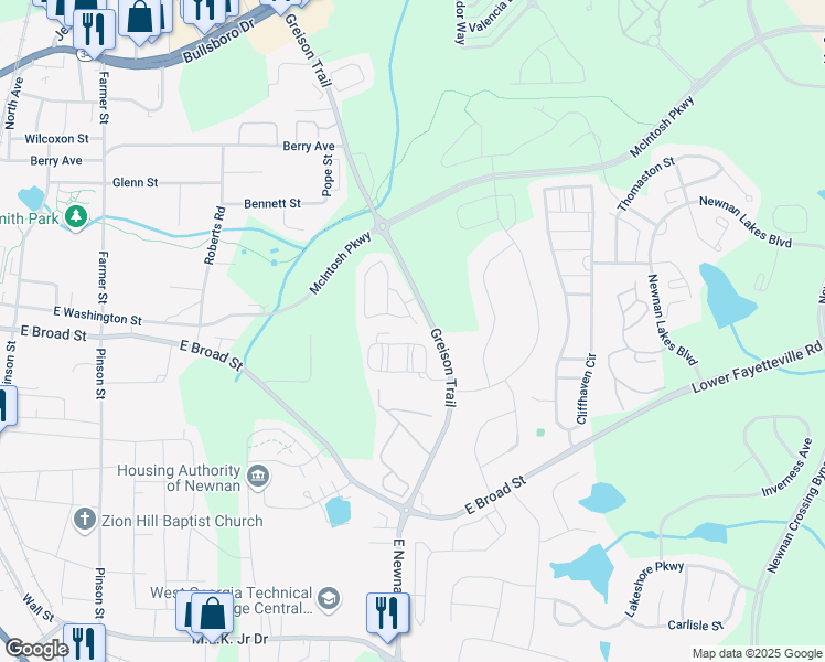 map of restaurants, bars, coffee shops, grocery stores, and more near 5 Cameron Circle in Newnan