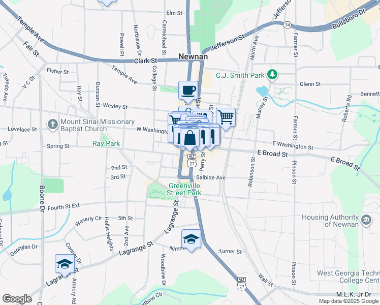 map of restaurants, bars, coffee shops, grocery stores, and more near 18 Jefferson Street in Newnan