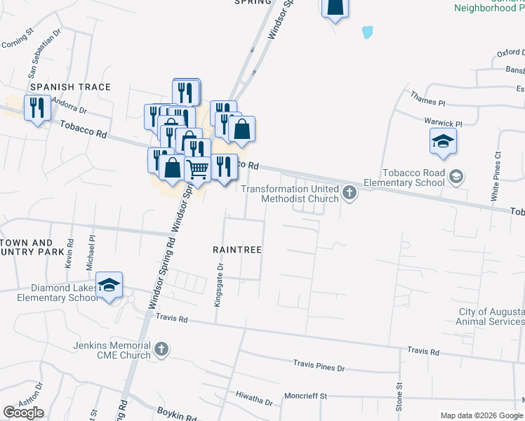 map of restaurants, bars, coffee shops, grocery stores, and more near 3711 Rio Ridge Drive in Hephzibah