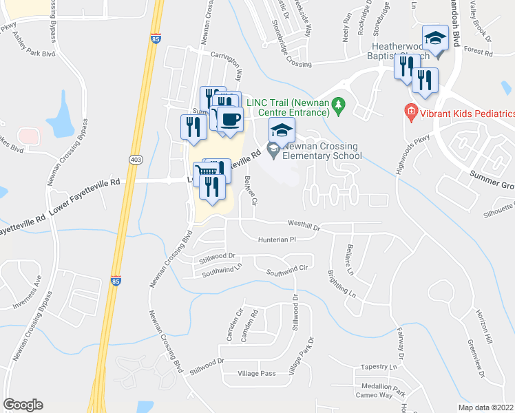 map of restaurants, bars, coffee shops, grocery stores, and more near 19 Belltree Circle in Newnan