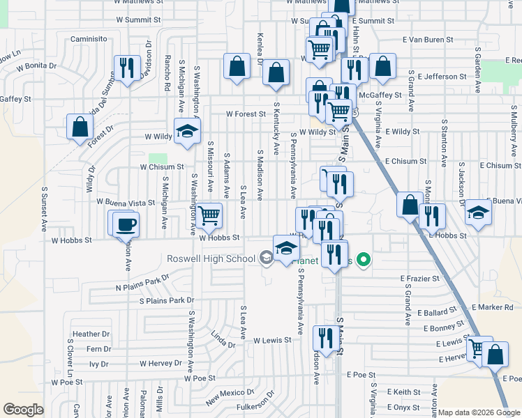 map of restaurants, bars, coffee shops, grocery stores, and more near 1605 South Madison Avenue in Roswell