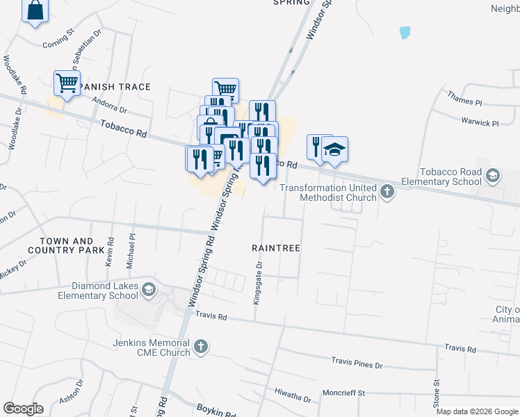 map of restaurants, bars, coffee shops, grocery stores, and more near 3747 Kingsgate Drive in Hephzibah