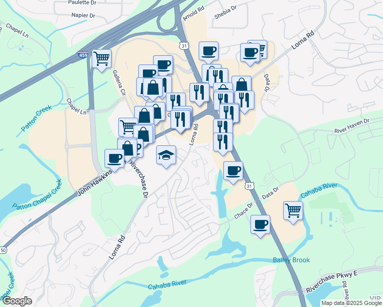 map of restaurants, bars, coffee shops, grocery stores, and more near 1905 Waterford Place in Hoover