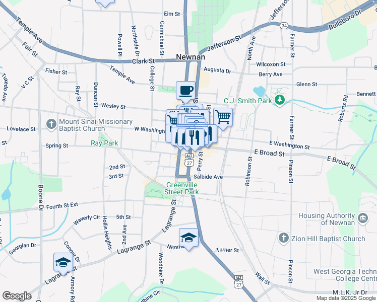 map of restaurants, bars, coffee shops, grocery stores, and more near 18 Jefferson Street in Newnan