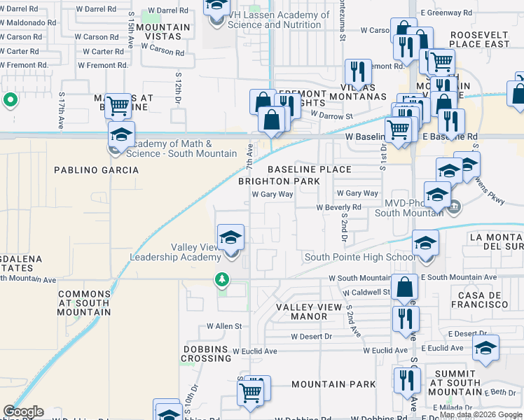 map of restaurants, bars, coffee shops, grocery stores, and more near 8021 South 7th Avenue in Phoenix