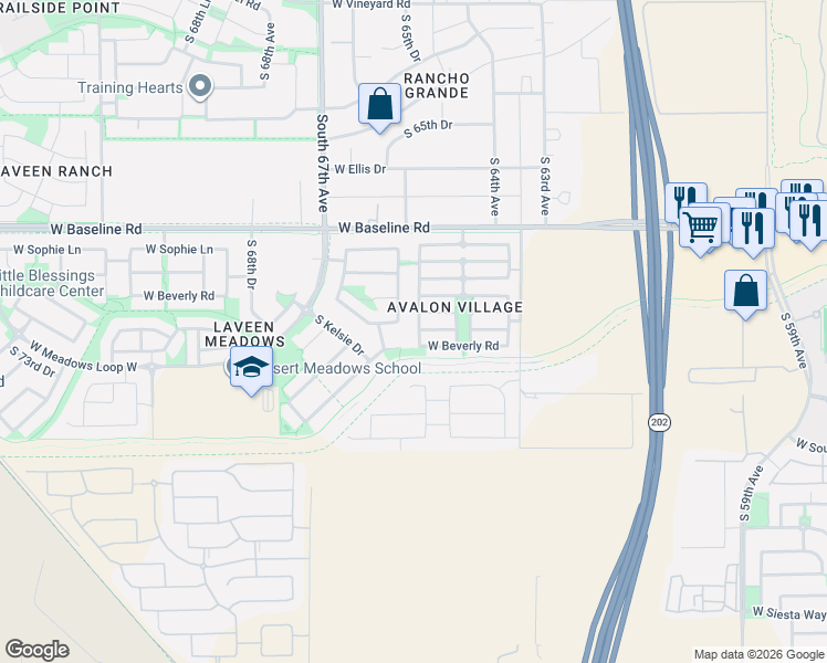 map of restaurants, bars, coffee shops, grocery stores, and more near 6444 West Beverly Road in Phoenix