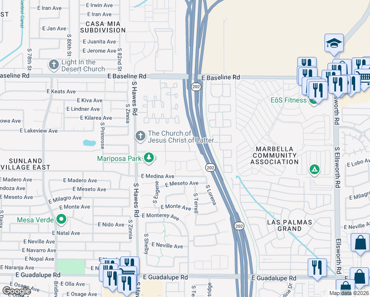 map of restaurants, bars, coffee shops, grocery stores, and more near 8562 East Desert Lane in Mesa