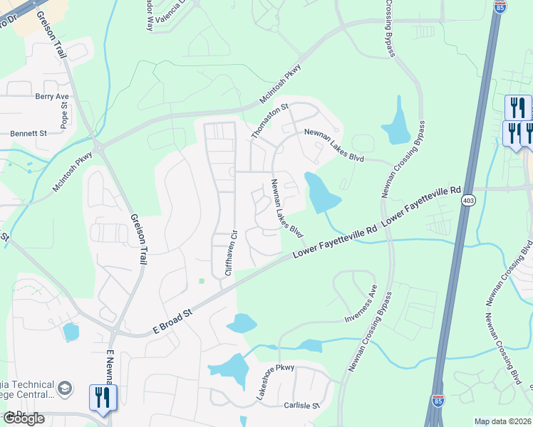 map of restaurants, bars, coffee shops, grocery stores, and more near 80 Newnan Lakes Boulevard in Newnan