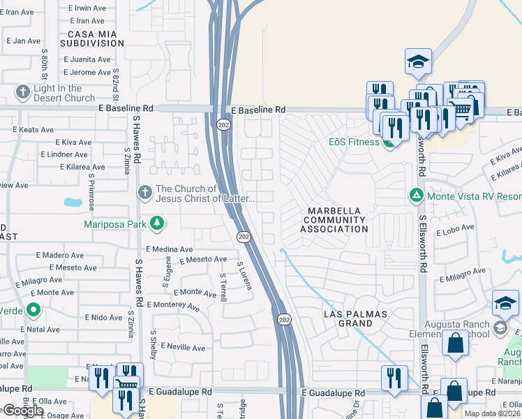 map of restaurants, bars, coffee shops, grocery stores, and more near 2266 South Barrington in Mesa