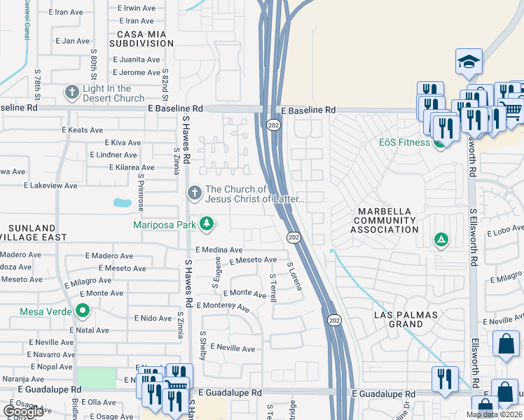 map of restaurants, bars, coffee shops, grocery stores, and more near 8553 East Desert Lane in Mesa