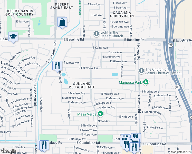 map of restaurants, bars, coffee shops, grocery stores, and more near 8048 East Medina Avenue in Mesa