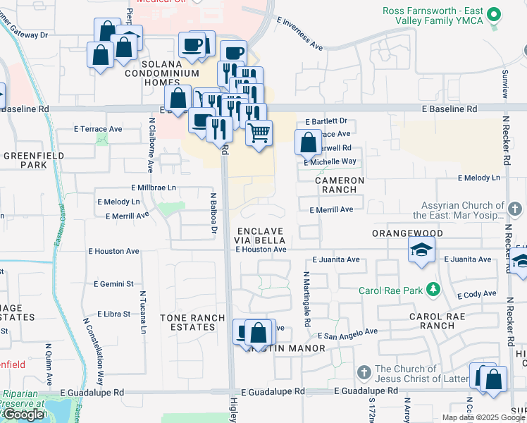 map of restaurants, bars, coffee shops, grocery stores, and more near 3308 East Indigo Bay Court in Gilbert