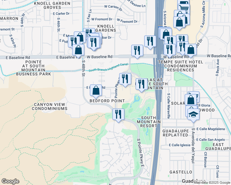 map of restaurants, bars, coffee shops, grocery stores, and more near 8075-8157 Pointe Parkway West in Phoenix